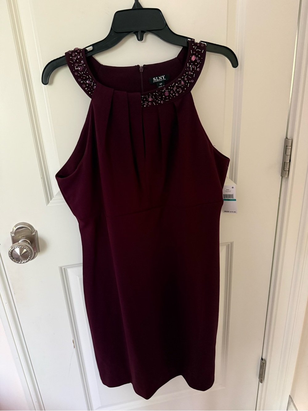 NWT SL Fashions NY sleeveless jeweled collar mini dress in burgundy